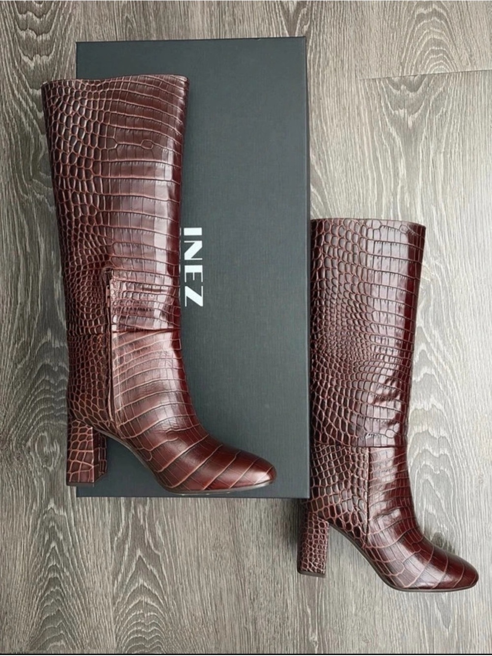INEZ Women's Burgundy Croc-Embossed Over-the-Knee Boots
